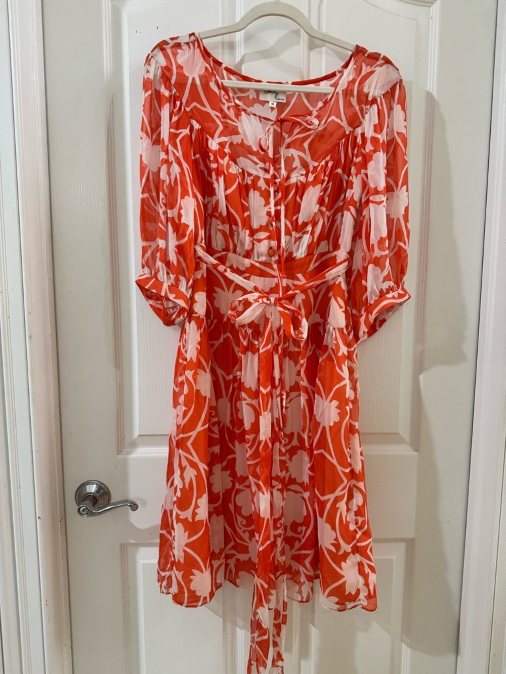 Women's Floral Orange & White Tie-Waist Dress
